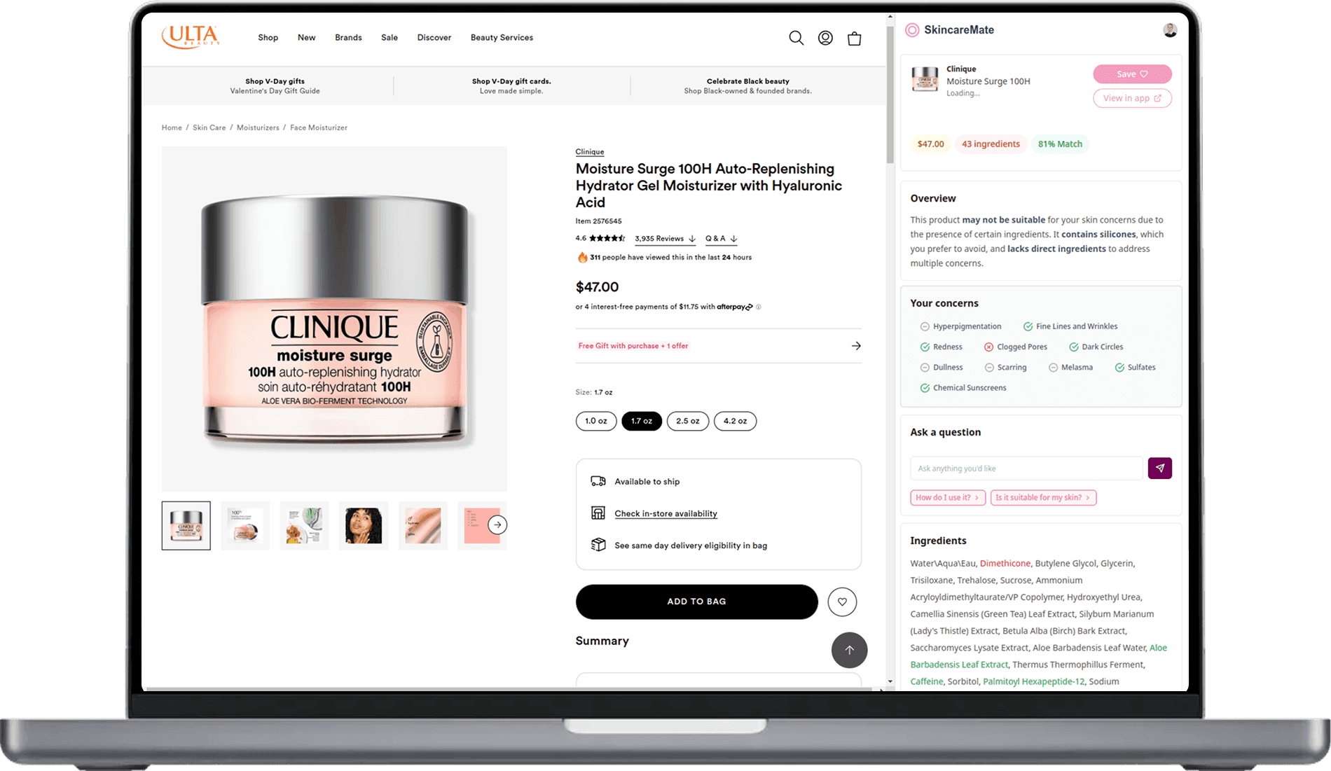 SkincareMate browser extension interface demonstration